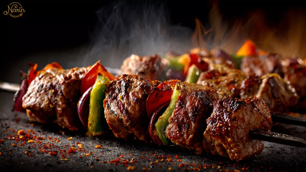 Close-up of juicy Chenjeh lamb chunks and vegetables grilling over open flames at a Persian Restaurant in Sydney.