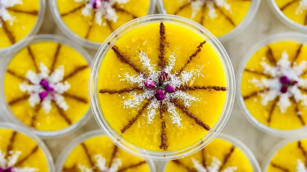Traditional Persian Sholeh Zard saffron rice pudding topped with cinnamon, shredded coconut and rose petals.