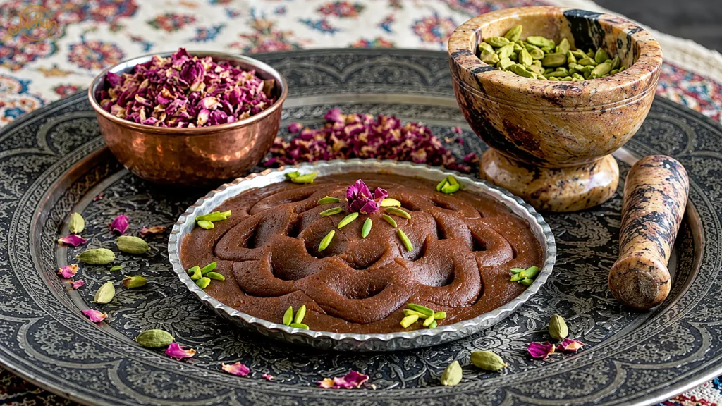 Professional photo of dark Persian Halva molded into a detailed Boteh Jegheh (Paisley) pattern in an engraved silver tray. Garnished with pistachios and a rosebud. Surrounded by a marble mortar with cardamom, copper bowl of petals, and pestle. Persian textile background.