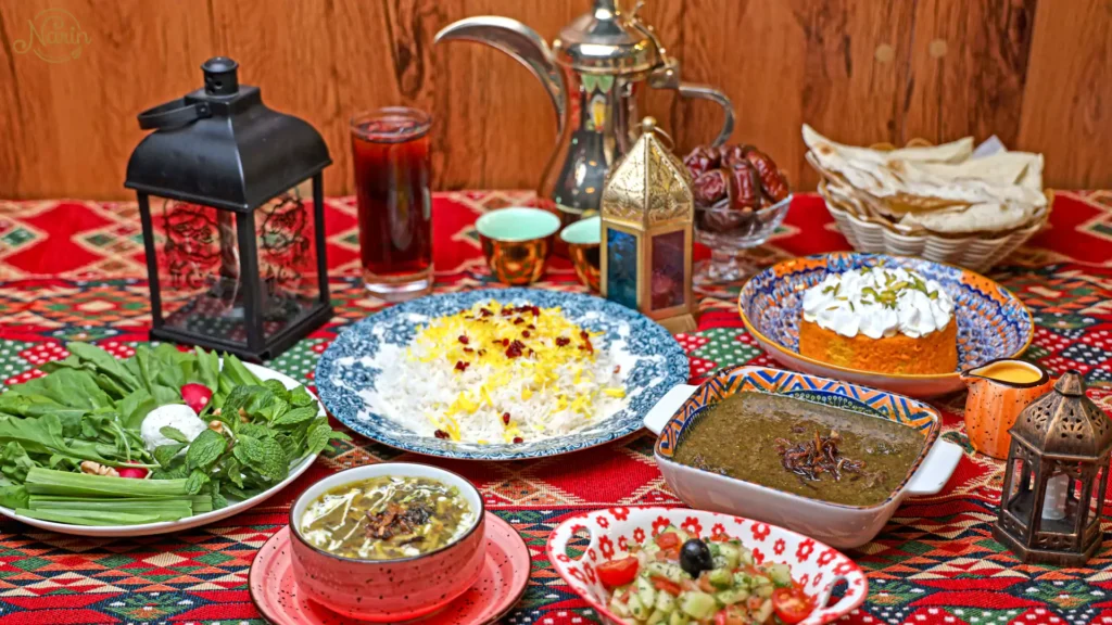 Persian stews and traditional Iranian dishes served with saffron rice, fresh herbs, dates, and tea on a Persian table