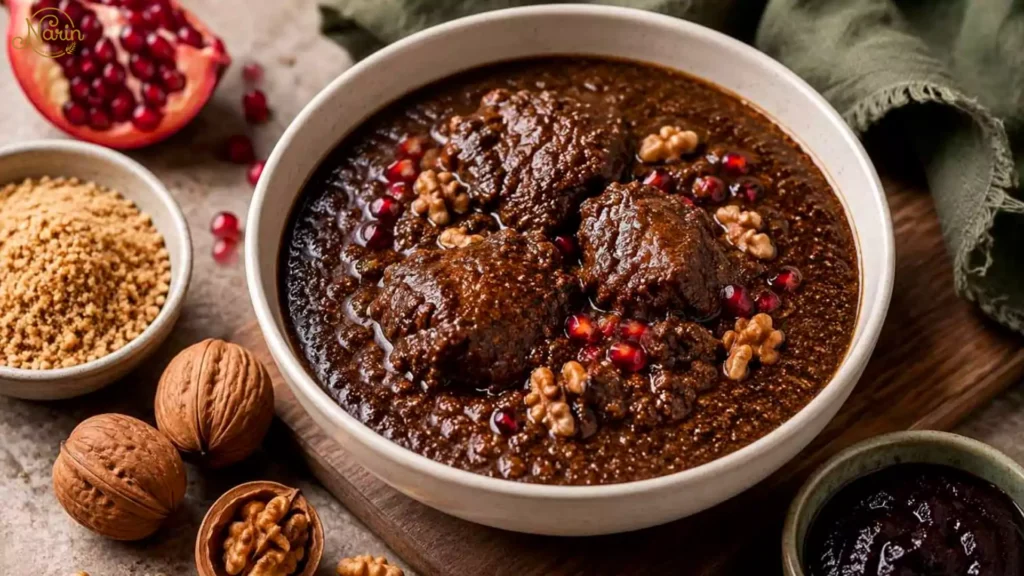 A close-up photograph of a rustic ceramic bowl filled with a rich, dark Persian Stew (Fesenjoon), garnished with large meat pieces, whole walnuts, and bright red pomegranate seeds. Surrounding the bowl on a wooden board are fresh cut pomegranate, whole walnuts, and crushed walnuts.