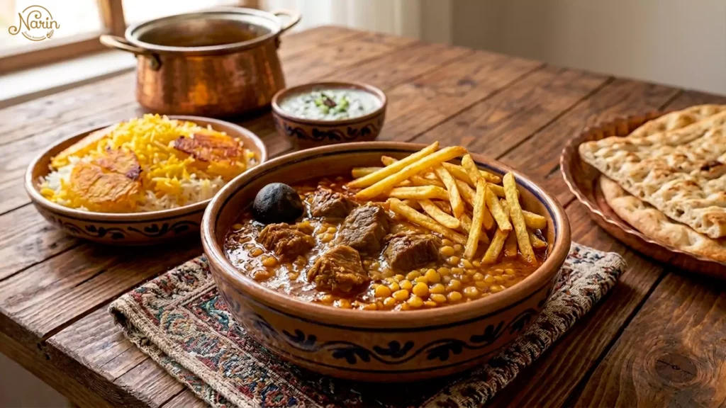 A close-up photograph of a rustic wooden table set with traditional Persian dishes. In the center is a large, patterned ceramic bowl of meat and yellow split pea stew (Gheimeh) topped with French fries and a dried lime. Next to it is a plate of rice with a crispy piece of potato Tahdig. Also visible are flatbread, a bowl of yogurt dip, and a copper pot. Natural light from a window illuminates the scene.