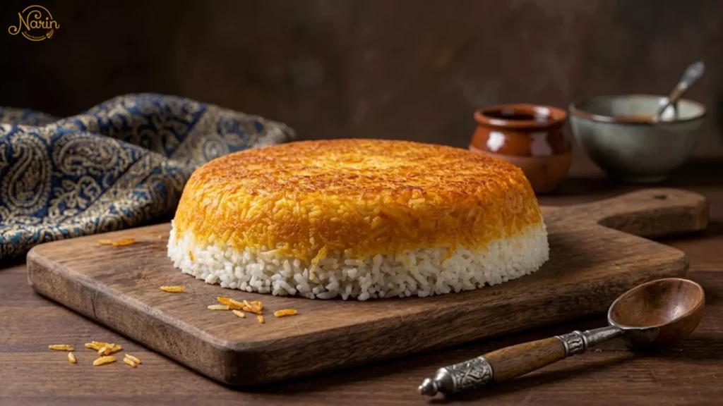 A beautifully formed Persian Tahdig (crispy saffron rice cake) with its iconic golden-brown, textured top layer, presented on a rustic wooden cutting board alongside traditional serving utensils and condiments.