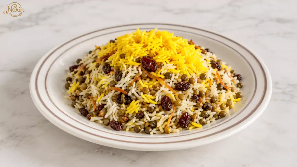 Persian lentil rice topped with golden saffron basmati rice, tender brown lentils and small dark raisins, served on a white plate with a double brown rim.