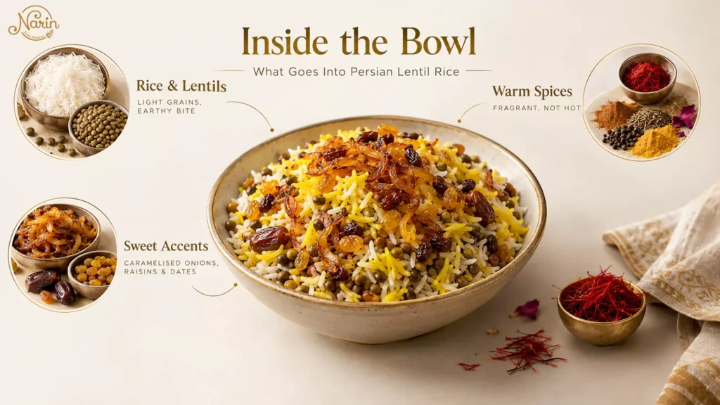 Persian adas polo infographic featuring fluffy basmati rice, green lentils, caramelised onions, raisins, dates, saffron and warm spices in a traditional bowl.