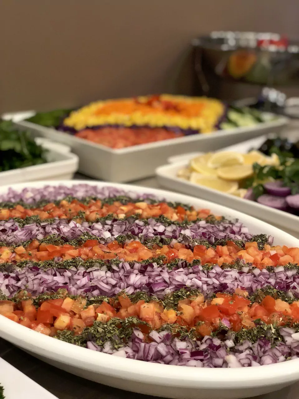 Close-up of a large catering platter at Narin Persian Restaurant in Sydney, featuring finely diced tomatoes and red onions beautifully arranged in alternating diagonal stripes and garnished with dried herbs. Other fresh salads and side dishes with lemon wedges are visible in the blurred background on the buffet table.
